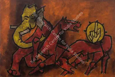 M.F. Husain (Artist), Untitled (Two Horses with Elephant), 1975, Painting