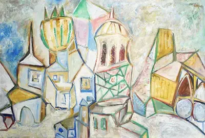 S.K. Bakre (Artist), Townscape, 1969, Painting