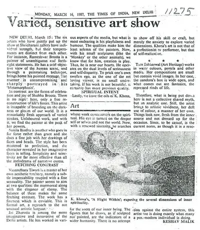 Keshav Malik (Writer), Varied, Sensrtive Art Show, 1987, Newspaper clipping