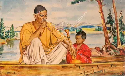 Anna Molka Ahmed (Artist), Old and Young on Dal lake, Kashmir, 1943, Painting