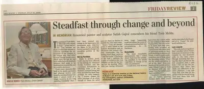 Satish Gujral (Writer), Steadfast Through Change and Beyond, 2009, Newspaper Clipping