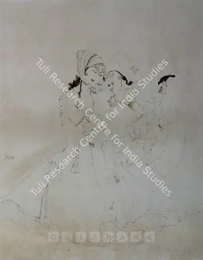 M.A.R. Chughtai (Artist), Two Women And A Child, Drawing