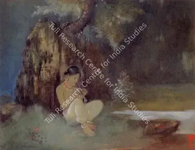 P.C. Chakravorty (Artist), Krishna Seated by a Pond playing the Flute, Painting