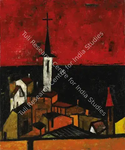 S.H. Raza (Artist), Untitled (Church in Landscape), 1951, Painting