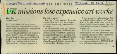 Vijay Dutt (Reporter), UK Missions Lose Expensive Art Works, 2006, Newspaper Clipping