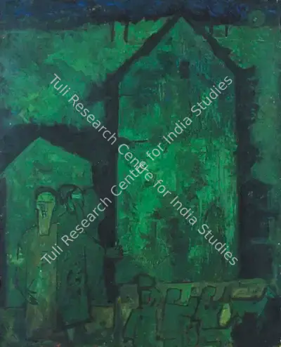 Gade, H.A. (Artist). Town (In Green). Oil on cardboard, 1954 | Painting | FineArts | 00371691