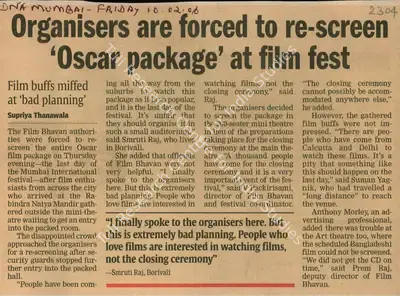 Supriya Thaanawala (Reporter), Organisers Are Forced to Re-Screen 'Oscar Package' At Film Fest, 2006, Newspaper Clipping