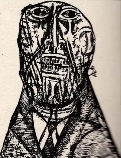 F.N. Souza (Artist), Self Portraits, 1955, Drawing