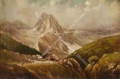 Ustad Allah Bukhsh (Artist), Landscape with Shepherd and Flock, 1952, Painting