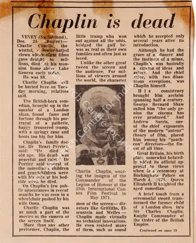 Unknown (Publisher), News of Chaplin's Death, 1977, Newspaper Clipping