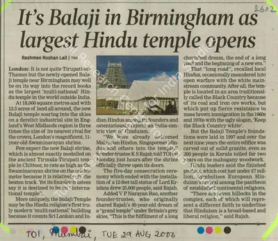 Rashmee Roshan Lall (Reporter), It's Balaji in Birmingham As Largest Hindu Temple Opens, 2006, Newspaper Clipping