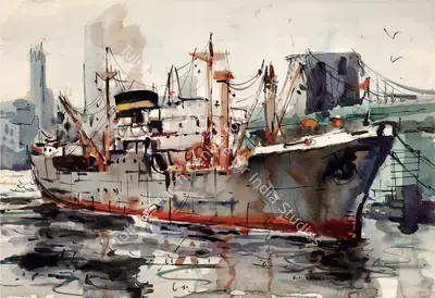 S.H.&nbsp;Raza (Artist), Bombay Docks, 1949, Painting