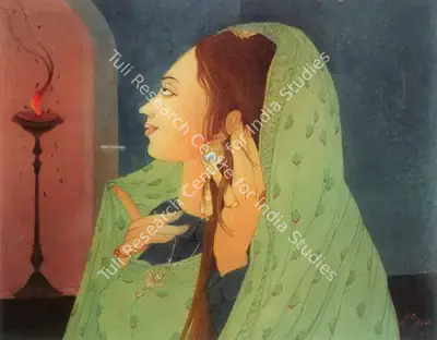Chughtai, M.A.R. (Artist). Maiden Contemplating Moths At A Flame, n.d. | Painting, Bon.Dub/03.03.08, 2008 · Bonhams