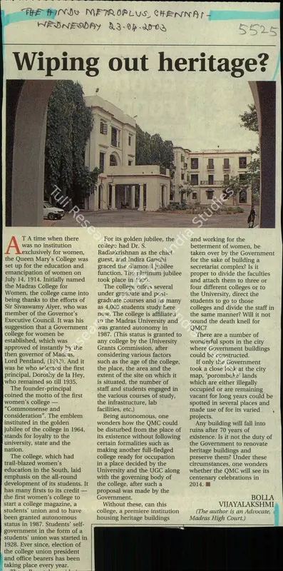 Bolla Vijayalakshmi (Reporter), Wiping Out Heritage, 2003, Newspaper Clipping