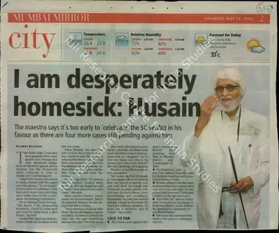 Vishwas Kulkarni (Reporter), I am Desperately Homesick: Husain, 2008, Newspaper Clipping