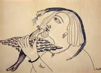 Manjit Bawa (Artist), Figure and Bird, 1990, Drawing