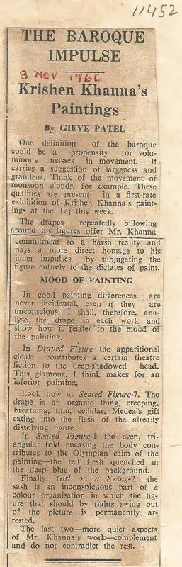 Gieve Patel (Writer), The Barque Impulse, 1966, Newspaper clipping
