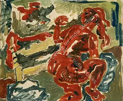 M.F. Husain (Artist), Red Nude, 1950, Painting