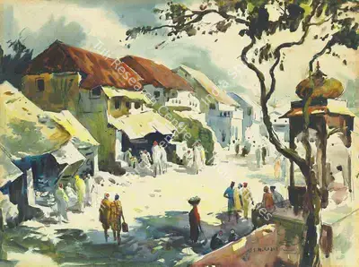 S.H. Raza (Artist), Street Scene Nagpur, 1945, Painting