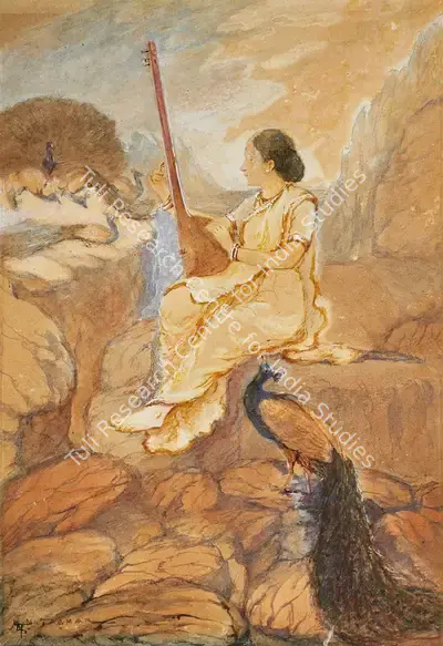 L.N. Taskar (Artist), Woman with Tanpura, Painting