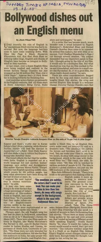 Jitesh Pillai (Reporter), Bollywood Dishes out an English Menu, 2005, Newspaper Clipping