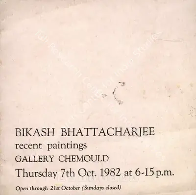 Bikash Bhattacharjee (Artist), Bikash Bhattacharjee, 1982, Solo Exhibition Invitation