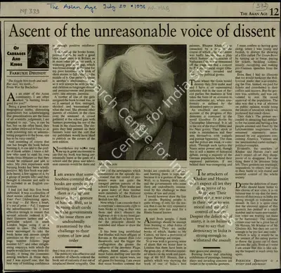 Farrukh Dhongi (Reporter), Ascent of the Unreasonable Voice of Dissent, 1998, Newspaper Clipping