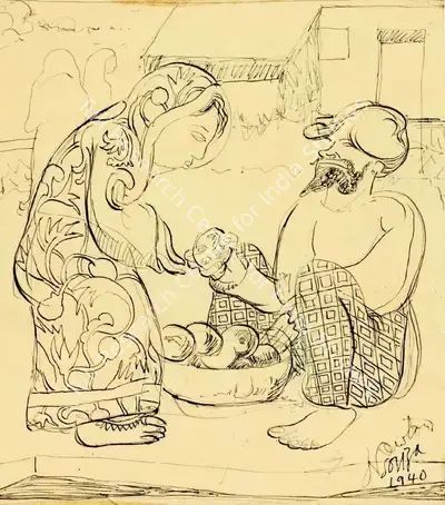 F.N. Souza (Artist), Untitled (Fruit Seller), 1940, Drawing
