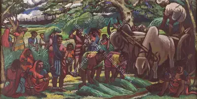 Chittaprosad (Artist), Village Scene at Harvesting, 1951, Painting