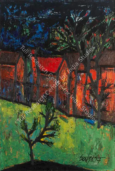 F.N. Souza (Artist), Red Houses with Front Garden, 1957, Painting