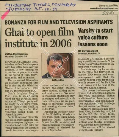 Udita Jhunjhunwala (Reporter), Ghai to open film Institute in 2006, 2005, Newspaper Clipping
