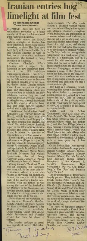 Meenakshi Shedde (Reporter), Iranian Entries hog Limelight at film fest, 2001, Newspaper Clipping