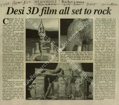 Rachel Chitra (Reporter), Desi 3D Film all Set to Roll, 2008, Newspaper Clipping