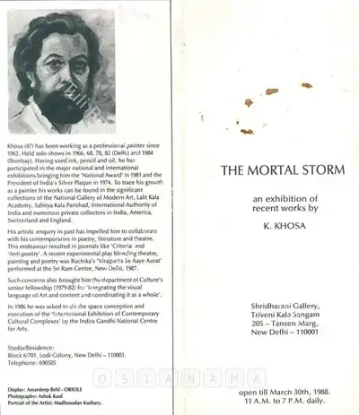 K. Khosa (Artist), The Mortal Storm, 1988, Solo Exhibition Invitation