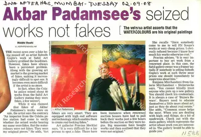 Riddhi Doshi (Writer), Akbar Padamsee's Seized Works Not Fakes, 2008, Newspaper clipping