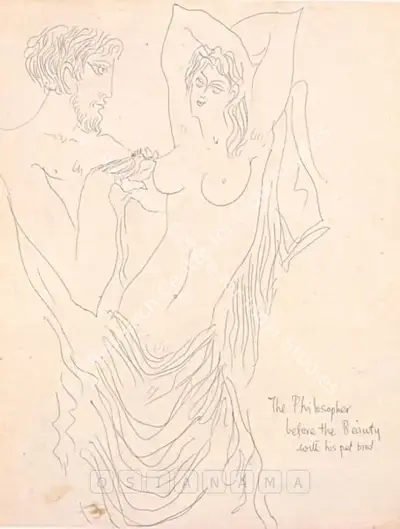 Sadequain (Artist), The Philosopher Before The Beauty With His Pet Bird, 1979, Drawing