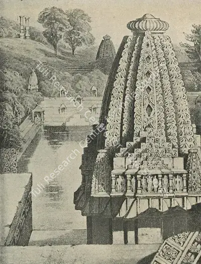 Unknown (Artist), View of the Sacred Tank with Subsidiary Shrine in the foreground and Ruined Kirtistambha in distance, 1856, Lithograph