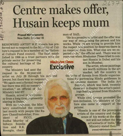 Prasad Nichenametla (Reporter), Centre Makes Offer, Husain Keeps Mum, 2008, Newspaper Clipping