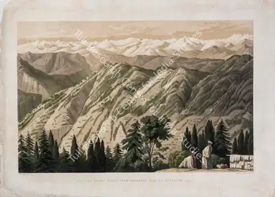 T. Picken (Lithographer), The Snowy Range from Nagkanda Staging Bungalow - Sunset, 1852, Lithograph