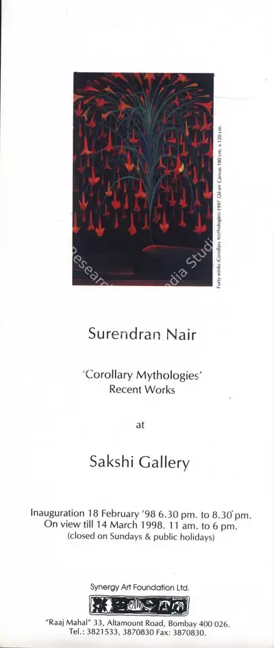 Surendran Nair (Artist), Corollary Mythologies, 1998, Solo Exhibition Invitation