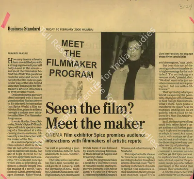 Prakriti Prasad (Reporter), Seen the film? Meet the Maker, 2006, Newspaper Clipping