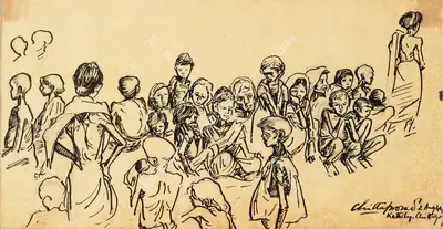 Chittaprosad (Artist), A Group of Goldsmith Women and Children at the BMRCC Camp, 1944, Drawing