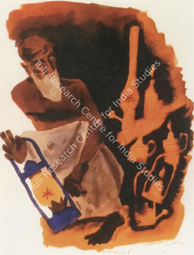 Husain, M. F. (Artist). Autobiography I, (Abdul Husain with Oil Lamp). Watercolour , n.d. | Maqbool Fida Husain, 2008 | Painting | FineArts | 00495152