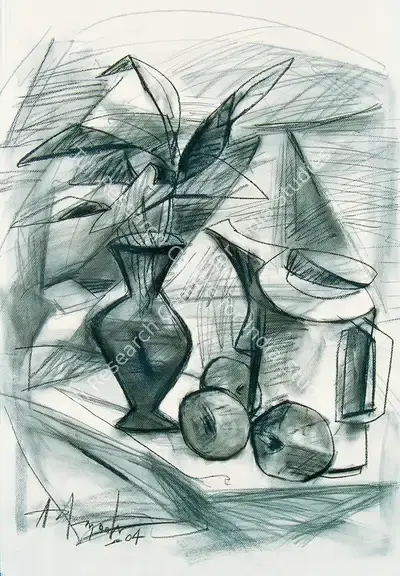 K.M. Adimoolam (Artist), Jugs and Fruits, 2004, Drawing