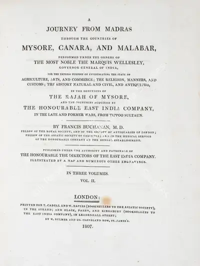 Francis Buchanan (Author), A Journey from Madras through the countries of Mysore, Canara and Malabar, 1807, Authored Antiquarian Book