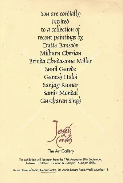 The Art Gallery (Organiser), A Collection of Recent Paintings Dutta Bansode, Milburn Cherian, Brinda Chudasama Miller, Sunil Gawde, Ganesh Haloi, Sanjay Kumar, Samir Mondal and Gurcharan Singh, Group Exhibition Invitation