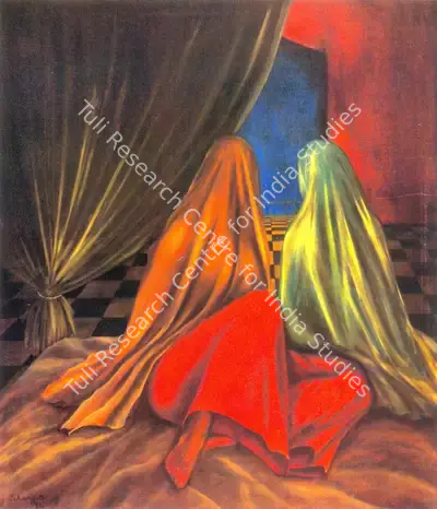 Jehangir Jani (Artist), Women at Curtains, 1990, Painting