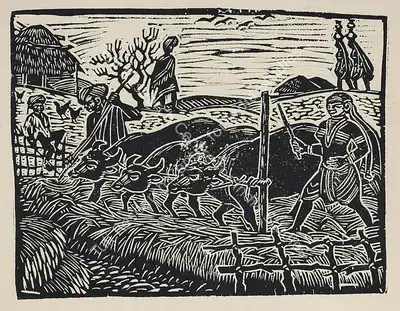 Chittaprosad (Artist), Untitled (Threshing), 1950, Graphic Art