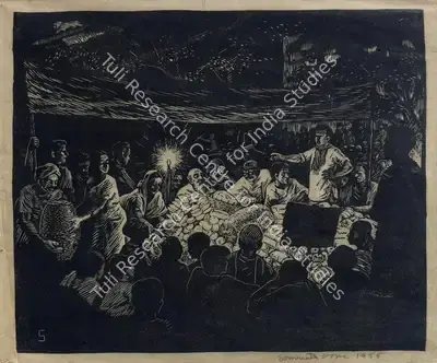 Somnath Hore (Artist), Tebhaga Movement- At The Night Meeting, 1955, Graphic Art