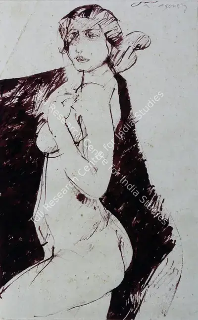 Jamil Naqsh (Artist), Female Nude Posing, 1989, Painting